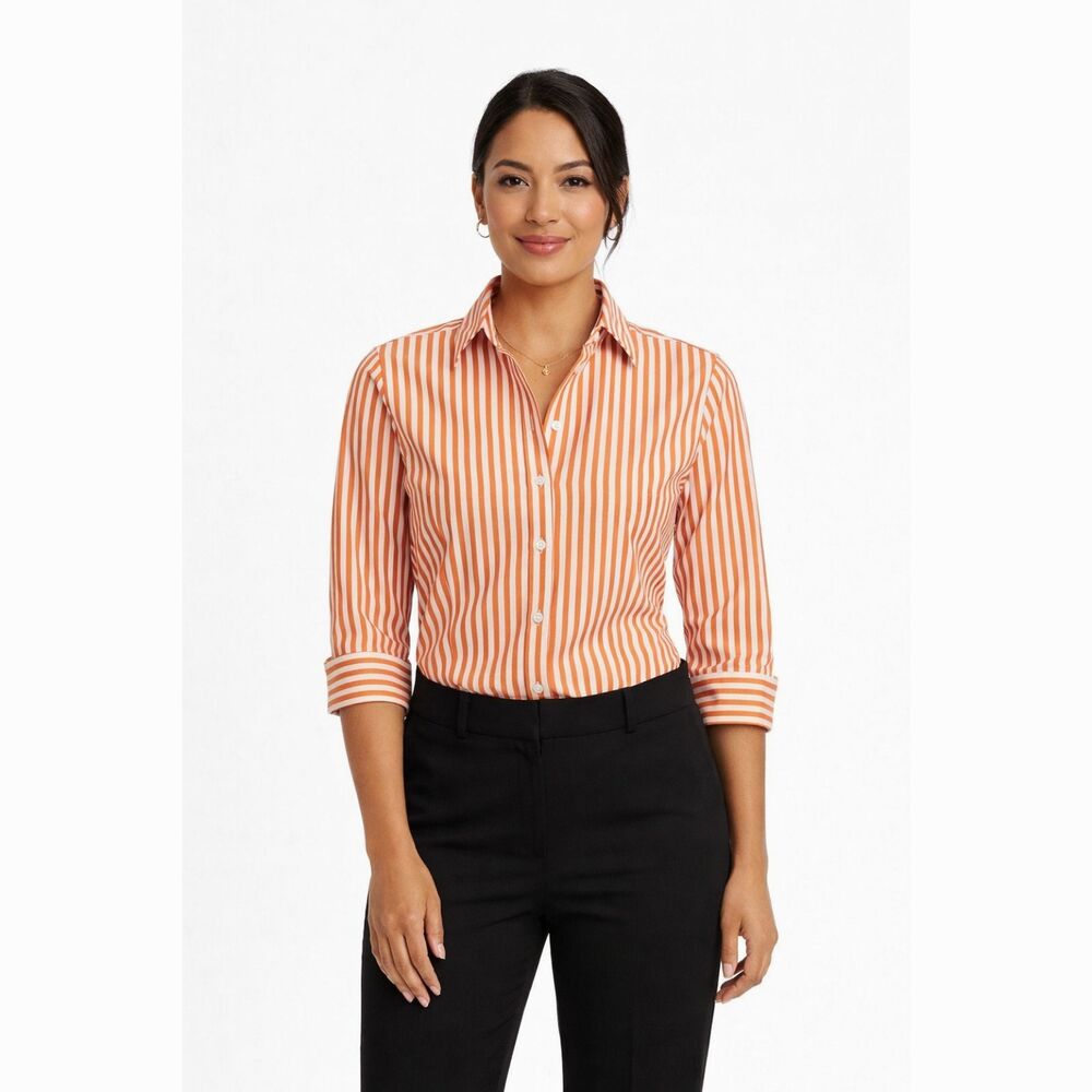 Liz Claiborne Womens 10 Striped Button Up Shirt Non Iron 3/4 Sleeve